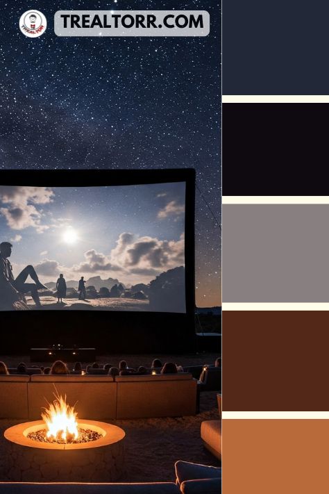 An outdoor luxury theater with a large weatherproof screen, cozy seating by a fire pit, and a starry night sky above.