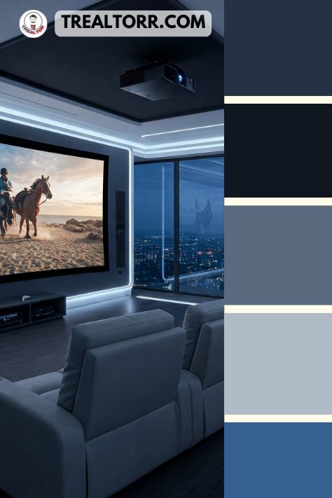 A futuristic home theater featuring a sleek 4K projector, high-tech sound panels, and ambient smart lighting in a cutting-edge design