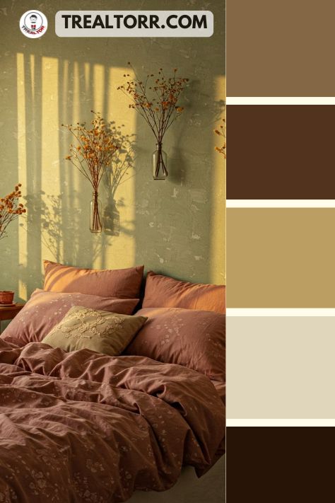 A cozy bedroom with dusty rose bedding, sage green walls, and white curtains, surrounded by soft lighting for a dreamy summer ambiance