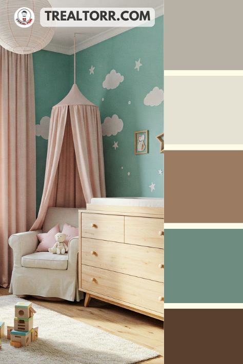 A nursery with seafoam green walls, blush pink curtains, and natural wood furniture, creating a soothing and gentle environment.