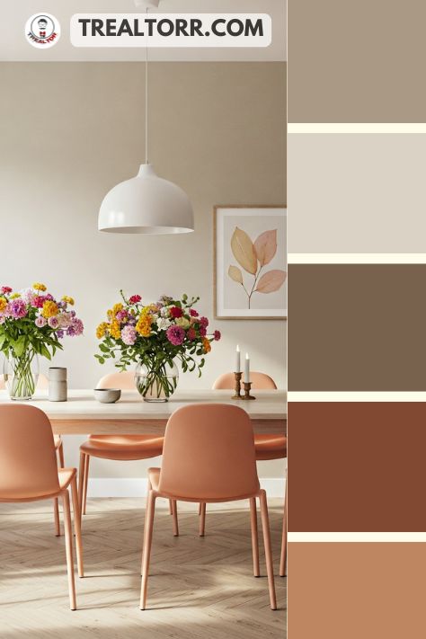 A dining room with peach-colored chairs, light taupe walls, and a white wooden table adorned with fresh flowers, offering a summery feel.