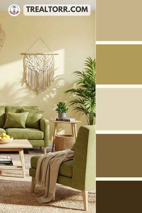 A living room with pale yellow walls, soft olive furniture, and natural woven decor, evoking a warm and inviting summer feel