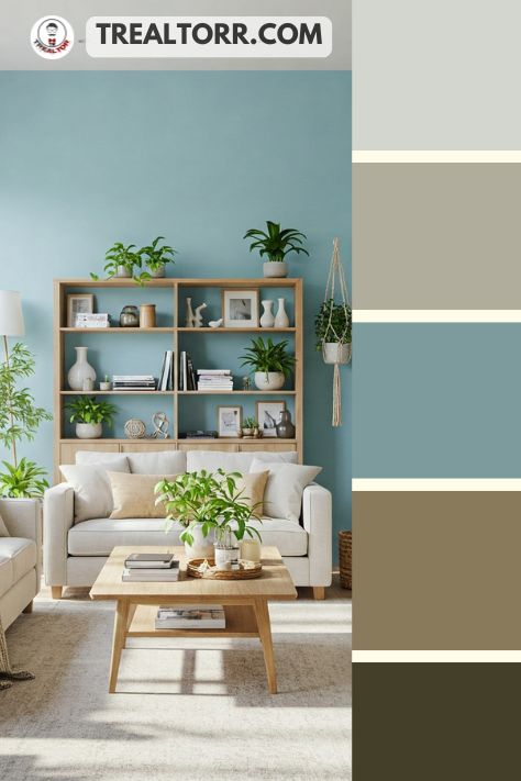 A living room with powder blue walls, cream sofas, and light wood accents, evoking a breezy summer vibe