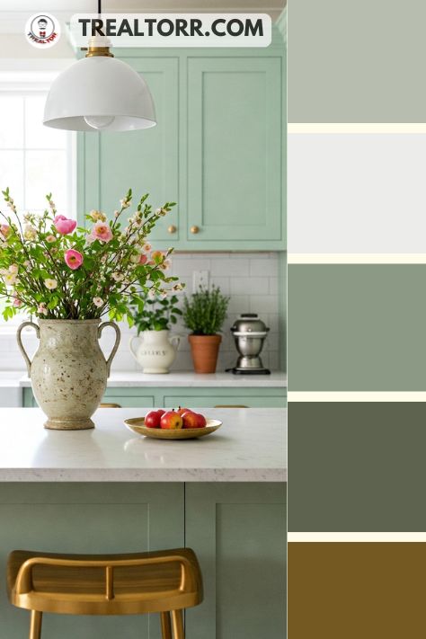 A kitchen with mint green cabinets, goldenrod bar stools, and bright white countertops, styled with spring blooms and herbs