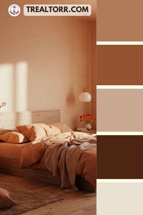 A bedroom with peach walls, apricot bedding, and natural wooden furniture, decorated with soft textiles and blooming flowers.