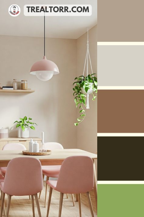 A minimalist dining area with blush pink chairs, a warm beige table, and light wooden decor, accented by fresh greenery