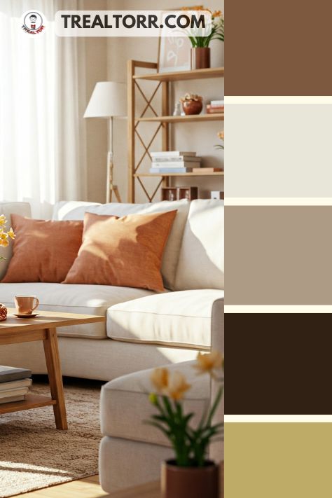 A living room with terracotta throw pillows, creamy white sofas, and wooden accents, styled with cozy spring decor and potted plants.