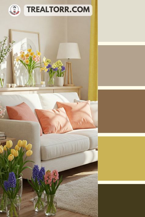 A cozy living room with coral accent pillows, buttercup yellow curtains, and a soft white sofa, surrounded by fresh spring flowers.