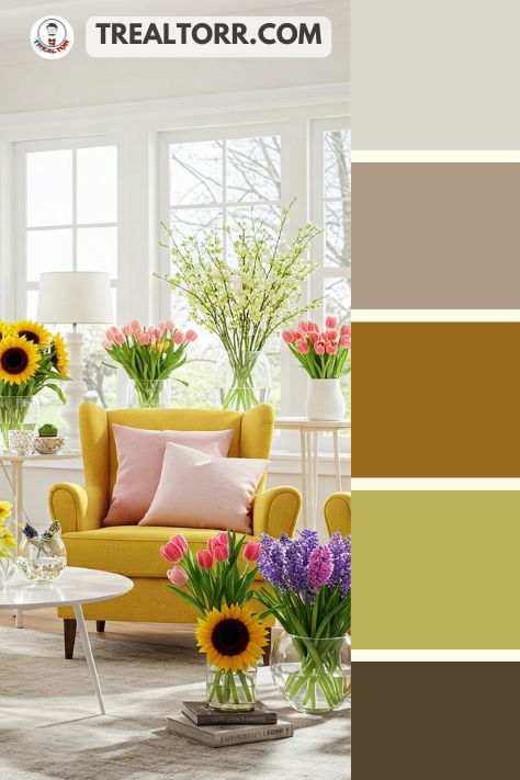 A bright living room with sunflower yellow armchairs, soft pink throw pillows, and white walls, styled with spring floral arrangements