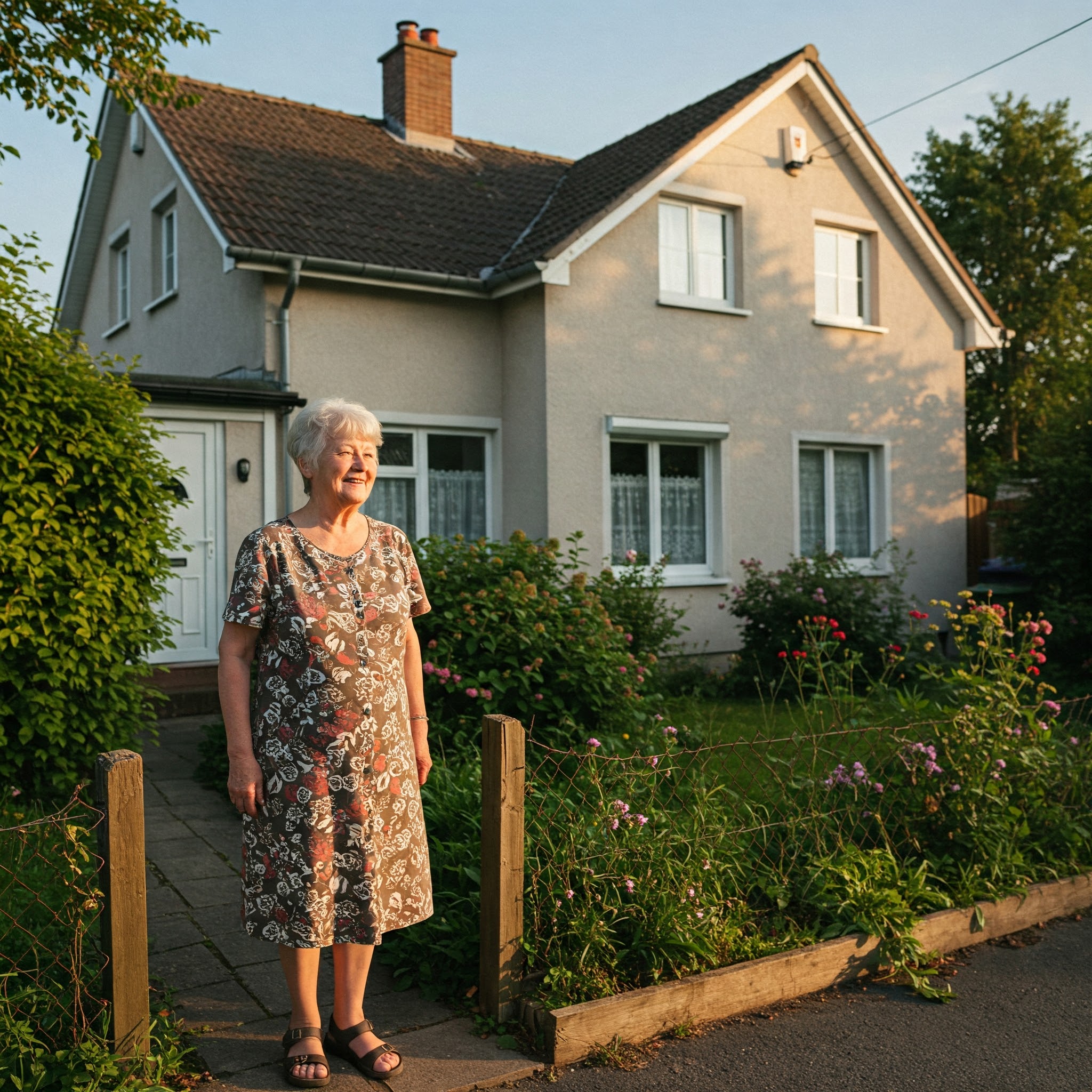 elder woman standing by her house