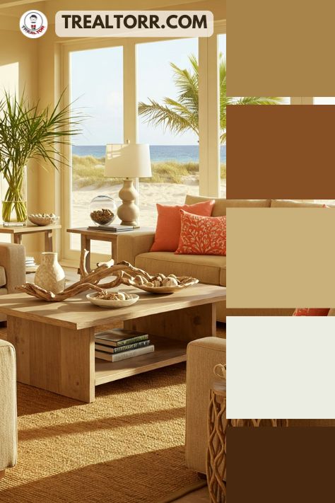A beach-inspired living room with coral pillows, apricot vases, and sandstone beige furniture, bathed in natural sunlight.