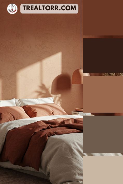 A bedroom with terracotta walls, clay red cushions, and cream linens, accented by dried grasses and natural wood furniture