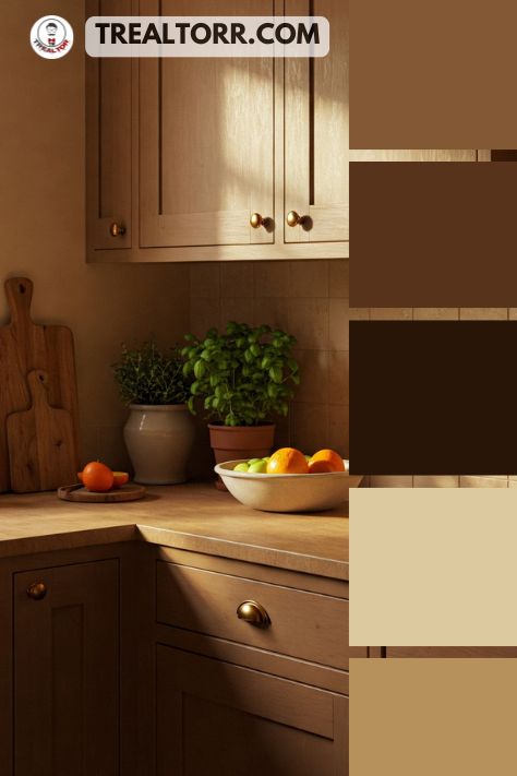 A cozy kitchen with cinnamon-hued cabinetry, honey-colored countertops, and warm beige walls, styled with natural wood and ceramic decor.