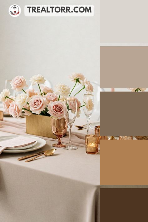 A minimalist wedding setup with blush pink flowers, bronze tableware, and champagne accents on a warm taupe tablecloth