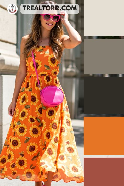 A vibrant summer outfit styled with tangerine and sunflower yellow tones, paired with hot pink accessories.