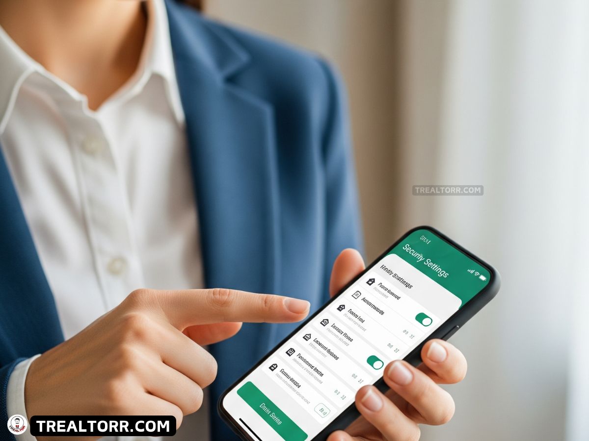 Real estate agent reviewing phone security settings on a smartphone screen, focusing on biometric and two-factor authentication options.