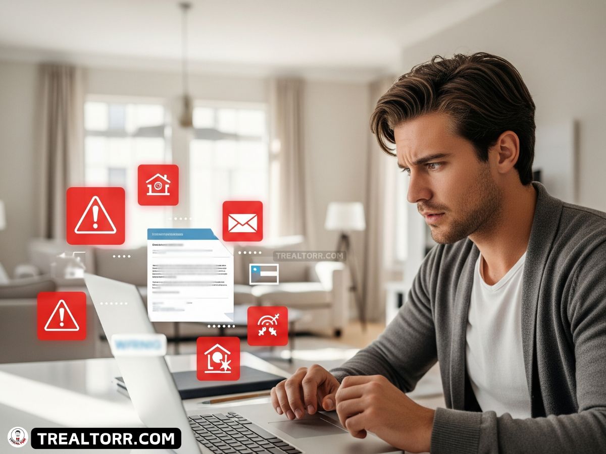 Homebuyer checking a suspicious email on a laptop, with red flags indicating possible real estate scam warning signs.