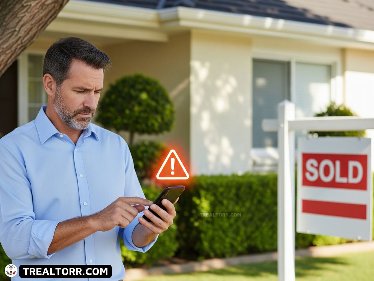Real estate agent receiving a security warning on their phone while managing a property deal.