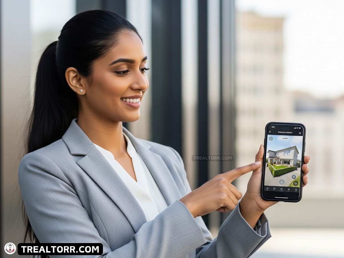 Real estate agent using a smartphone with digital security icons showing mobile cybersecurity protection.