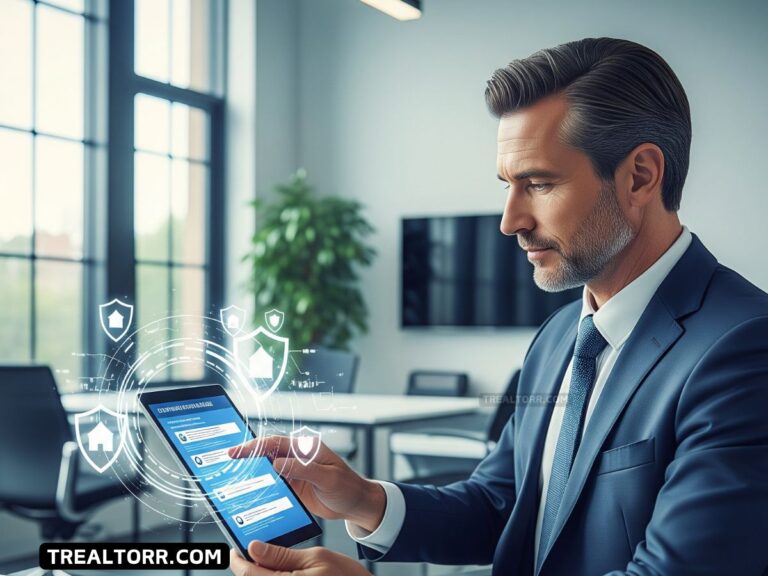 Broker checking cybersecurity compliance checklist with shield icons representing data protection.