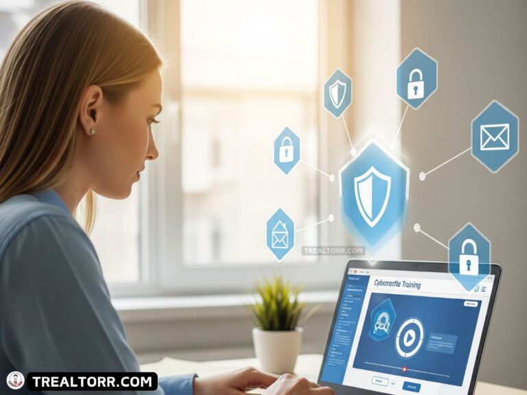 New real estate agent learning cybersecurity basics on a laptop with digital security icons.