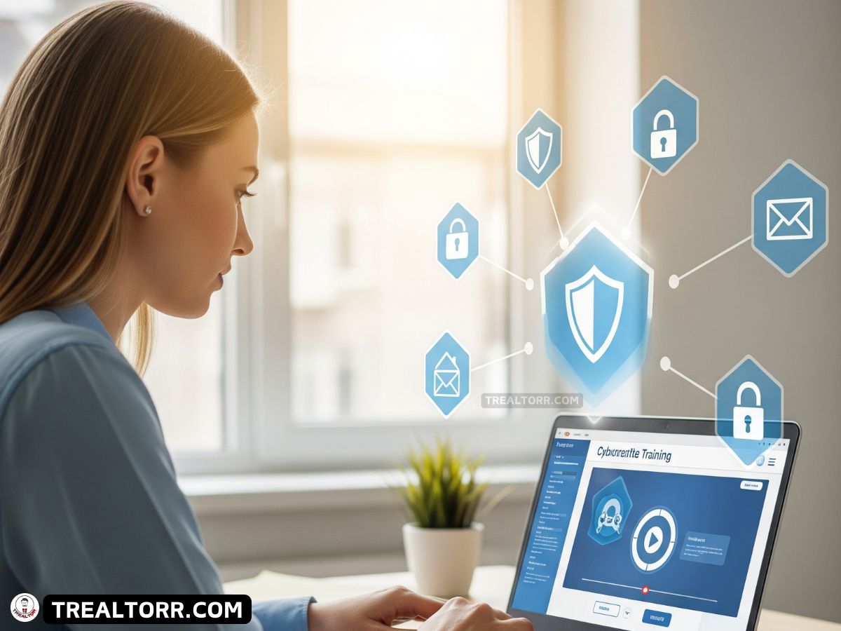 New real estate agent learning cybersecurity basics on a laptop with digital security icons.