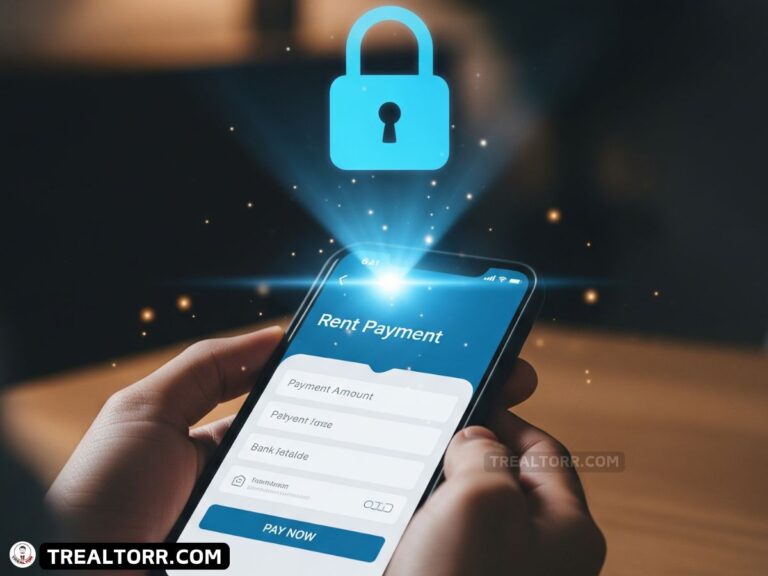 Person making a digital rent payment on a smartphone with a security lock icon showing safe online transactions.