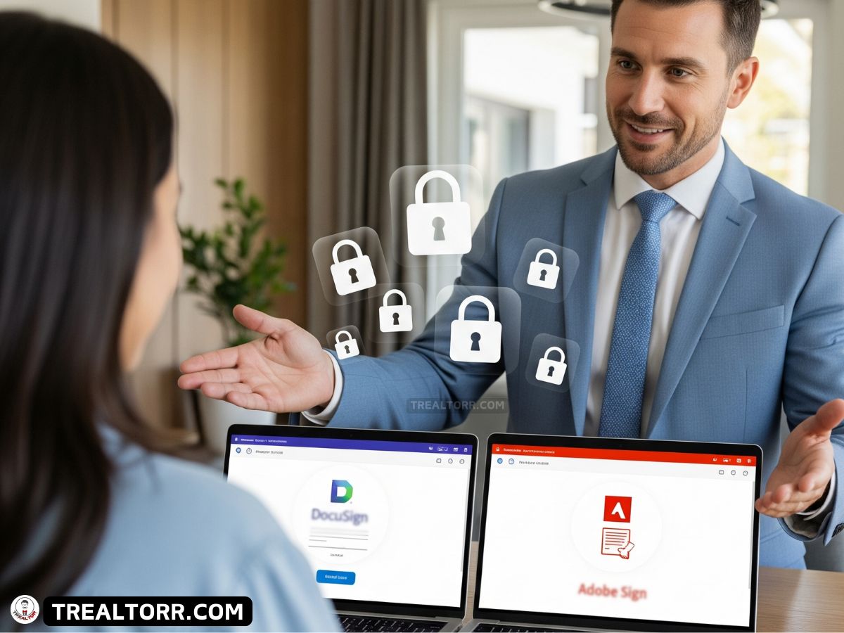 Real estate agent comparing DocuSign and Adobe Sign on laptops, showing secure e-signature options during a property deal.