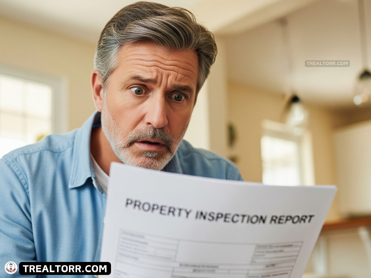 Suspicious homebuyer holding a printed contract with red highlights on the errors, laptop open to a warning email, sitting at a desk in a modern home.