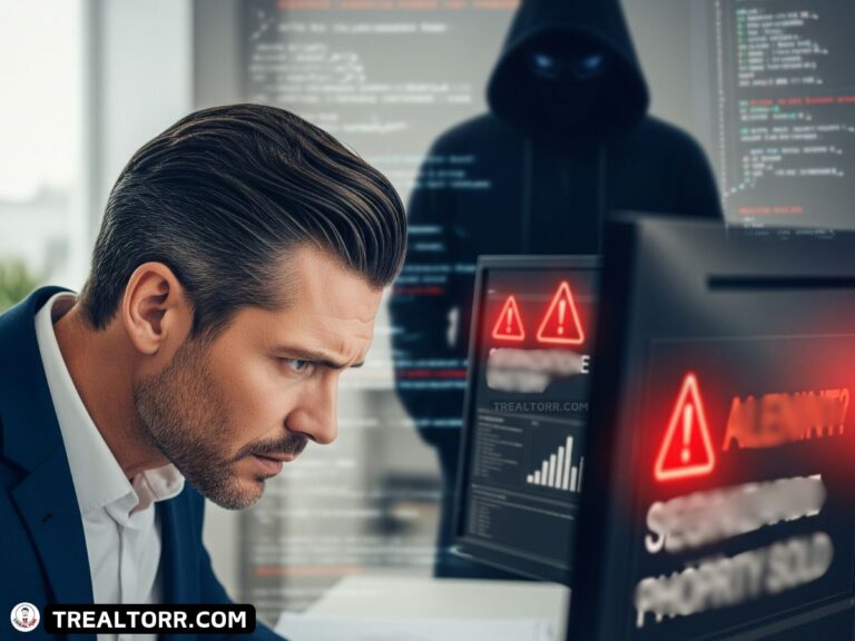 Real estate broker looking worried at a computer with cybersecurity breach alerts.
