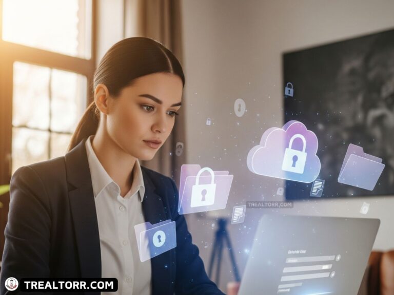 Real estate agent checking secure cloud storage settings on a laptop with digital lock icons around.