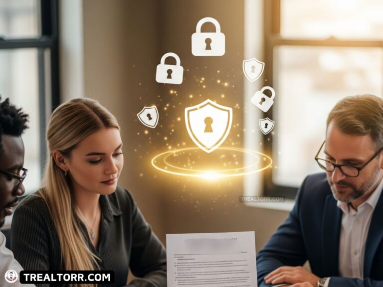 Real estate team discussing a cybersecurity policy checklist with digital security icons.