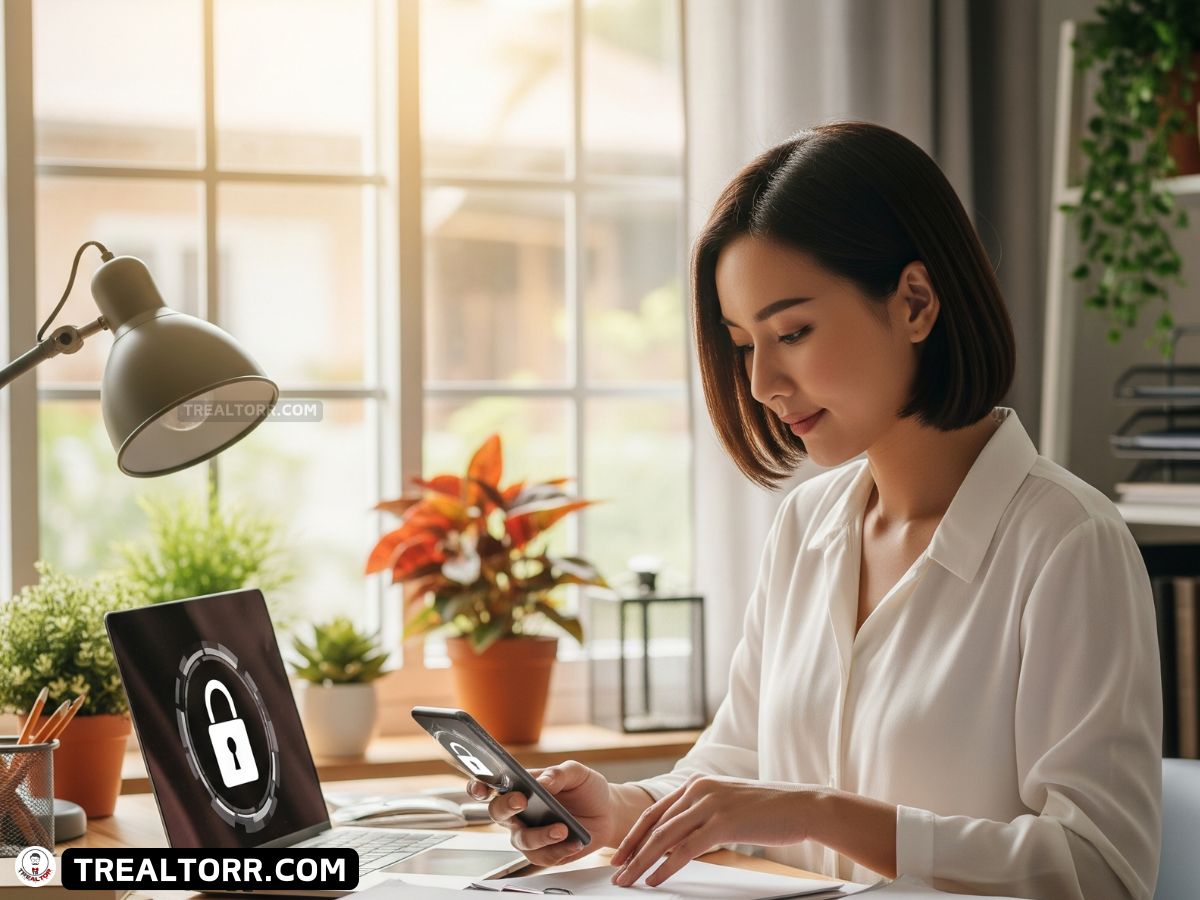Homebuyer securing laptop and phone before closing day, with digital security icons symbolizing device protection.