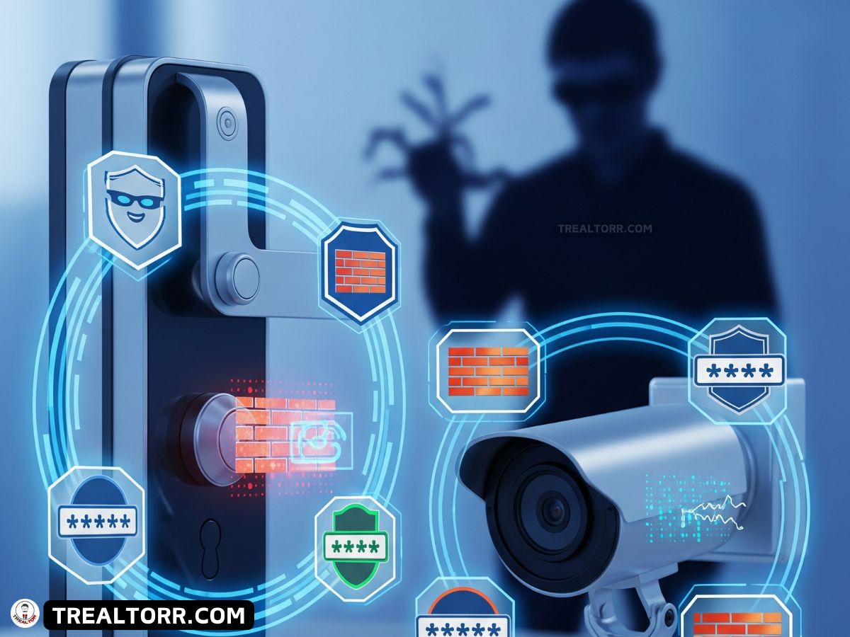 Smart lock and camera surrounded by digital lock symbols representing protection against cyber theft.