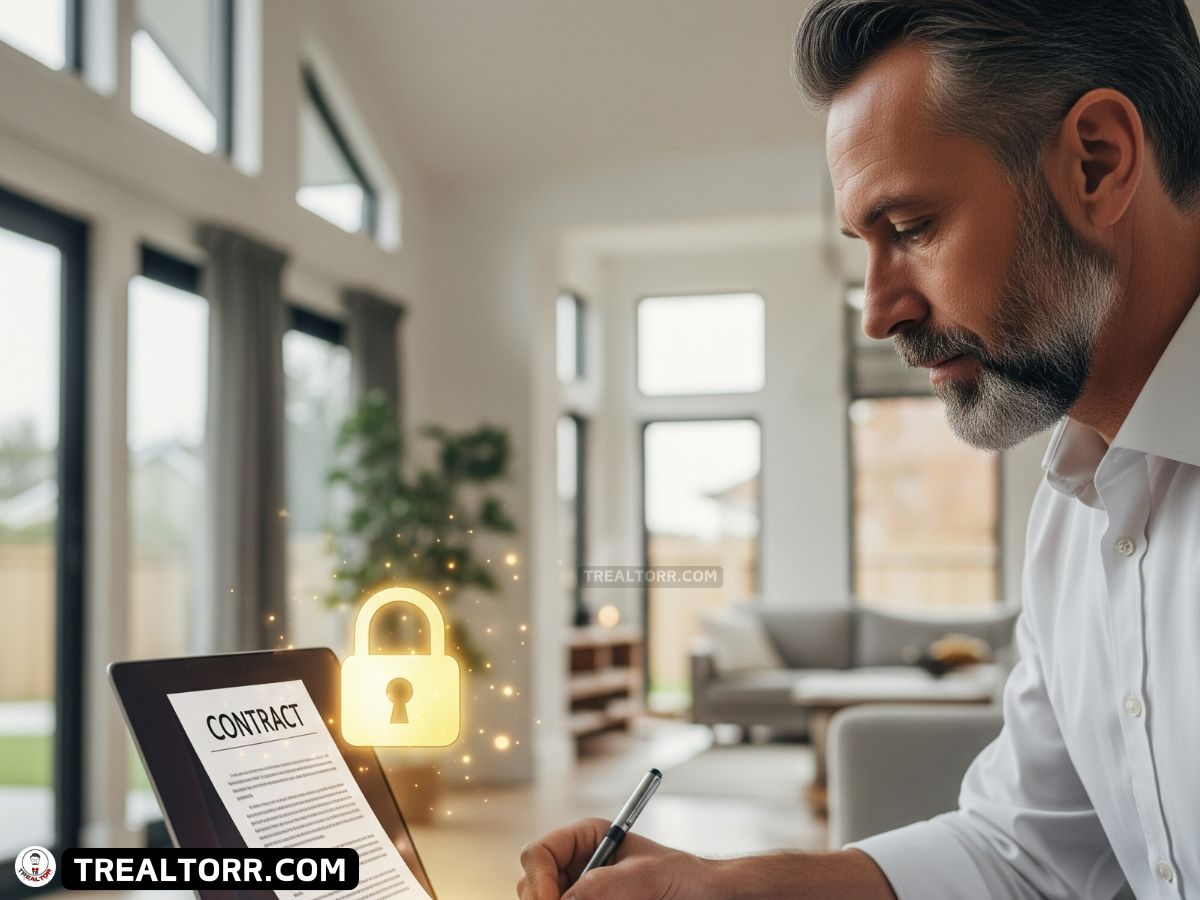 Homebuyer signing a real estate contract online with digital security icons indicating protection.