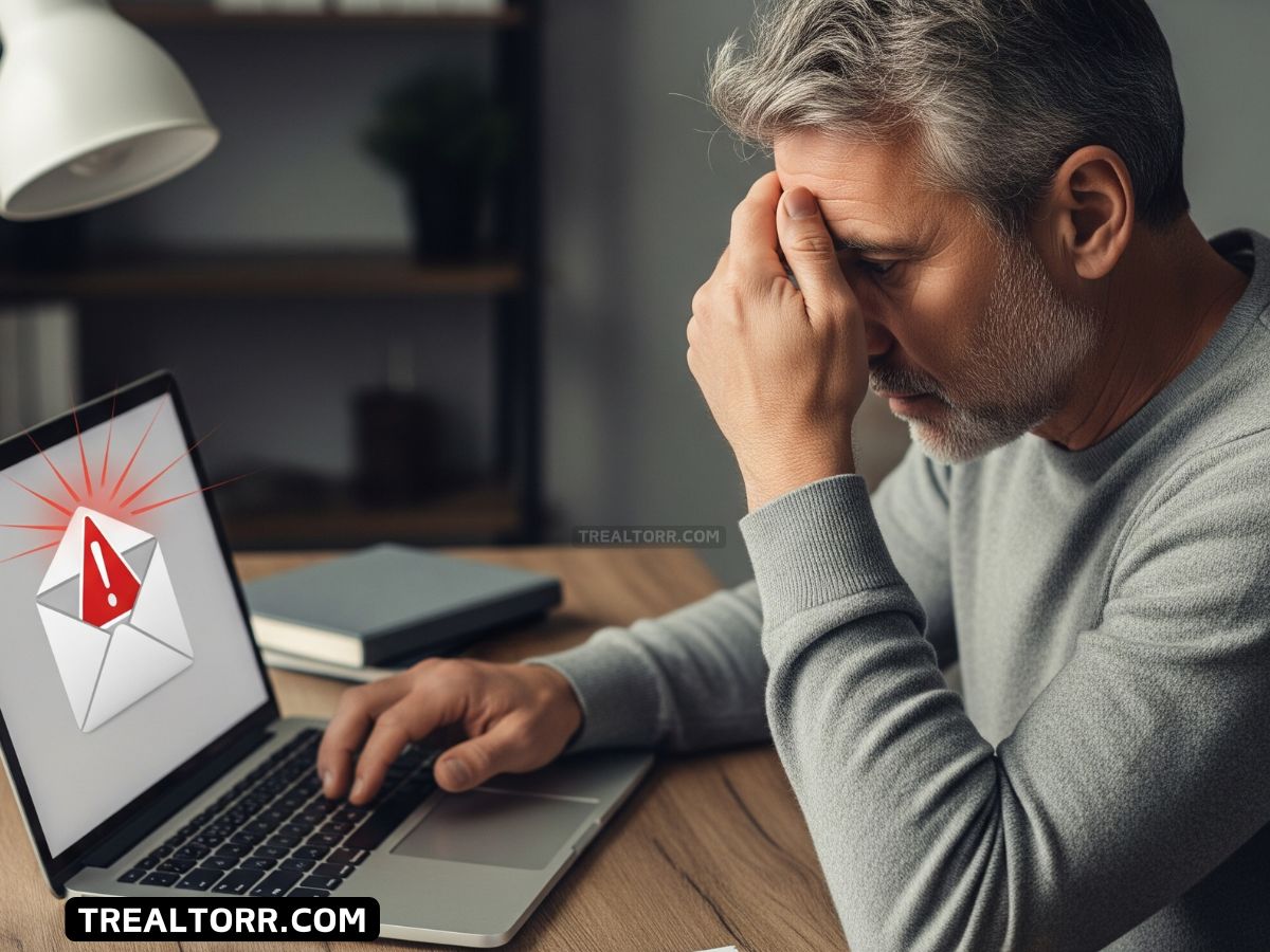 Homebuyer looking at suspicious email with warning icon, representing wire fraud threat during a real estate transaction.