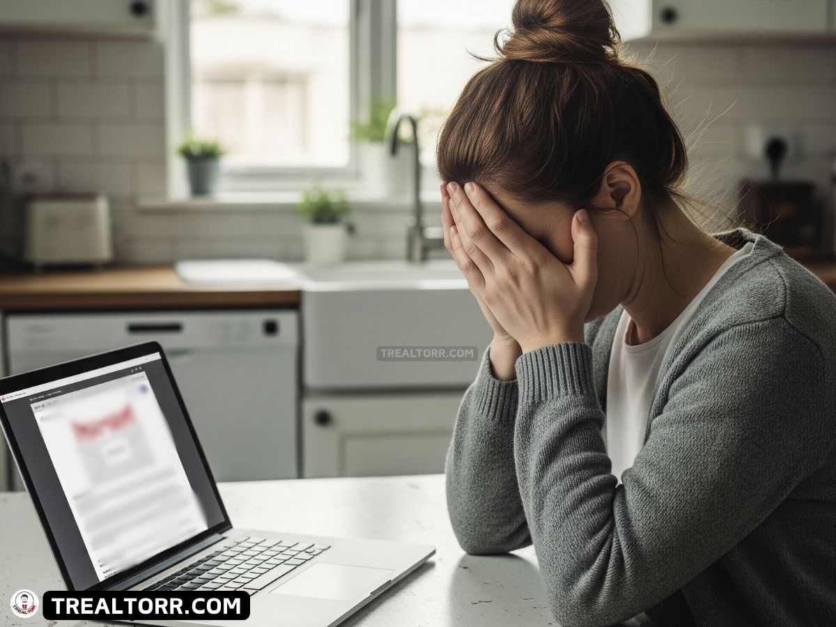 Homebuyer distraught after losing money to wire fraud, laptop displaying fake real estate email scam.