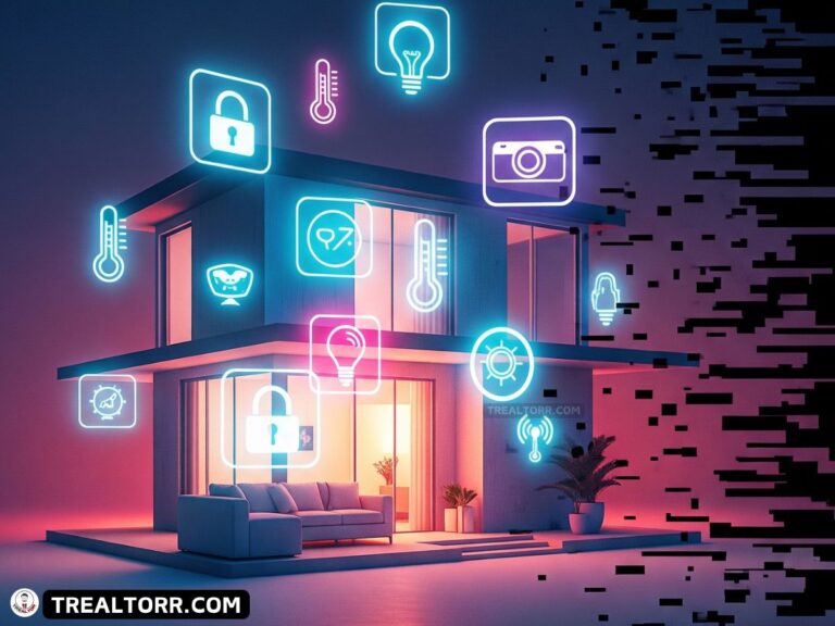 Smart home with multiple connected IoT devices and cybersecurity warning overlay.