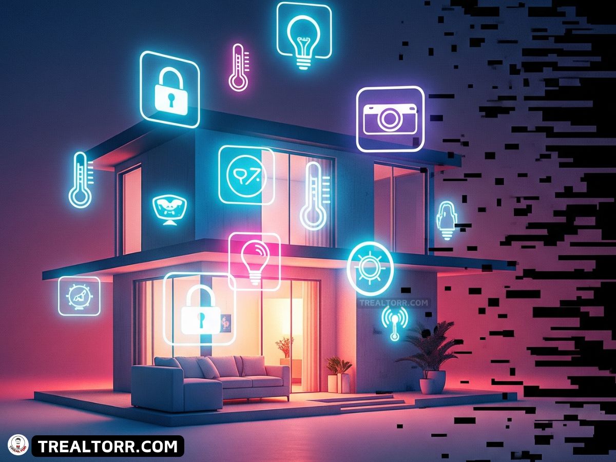 Smart home with multiple connected IoT devices and cybersecurity warning overlay.