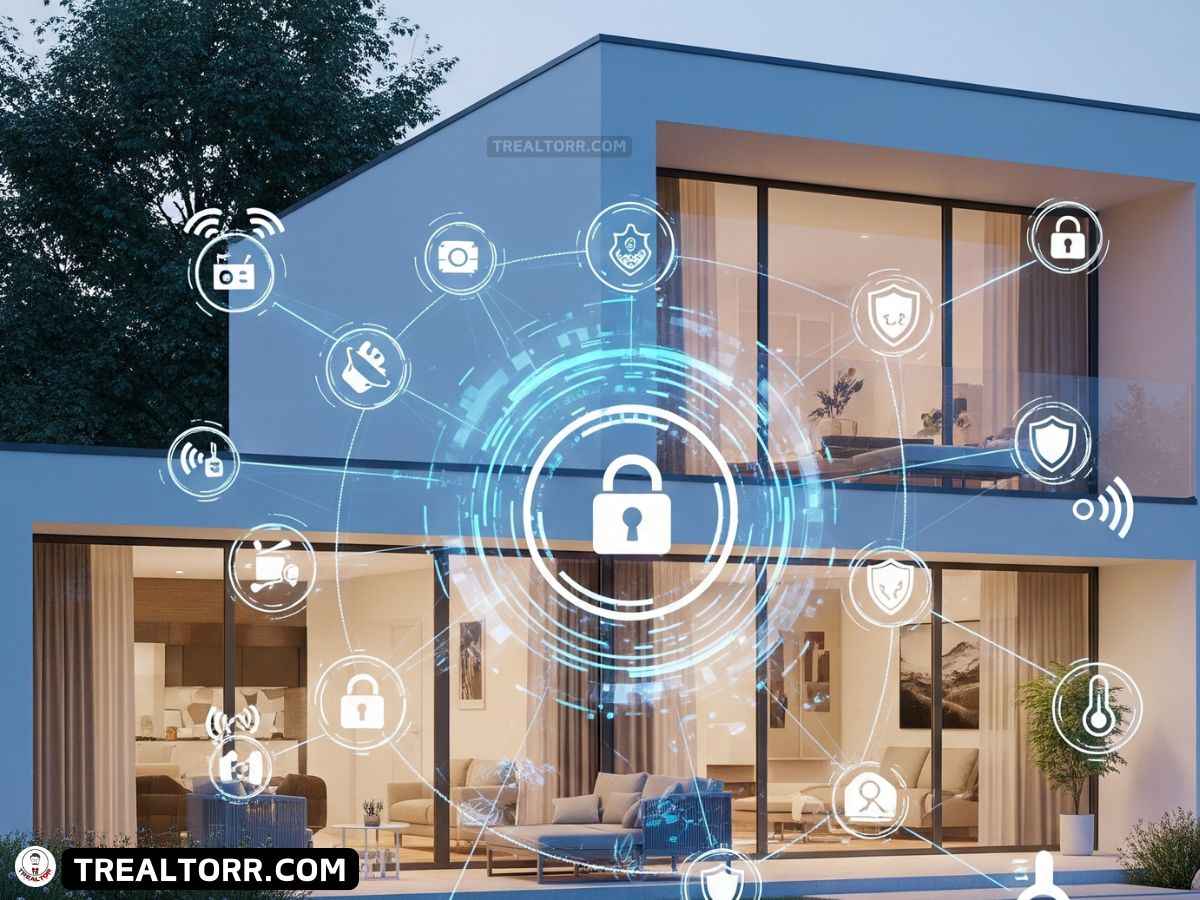 Smart home devices connected and secured with digital lock icons representing cybersecurity protection.