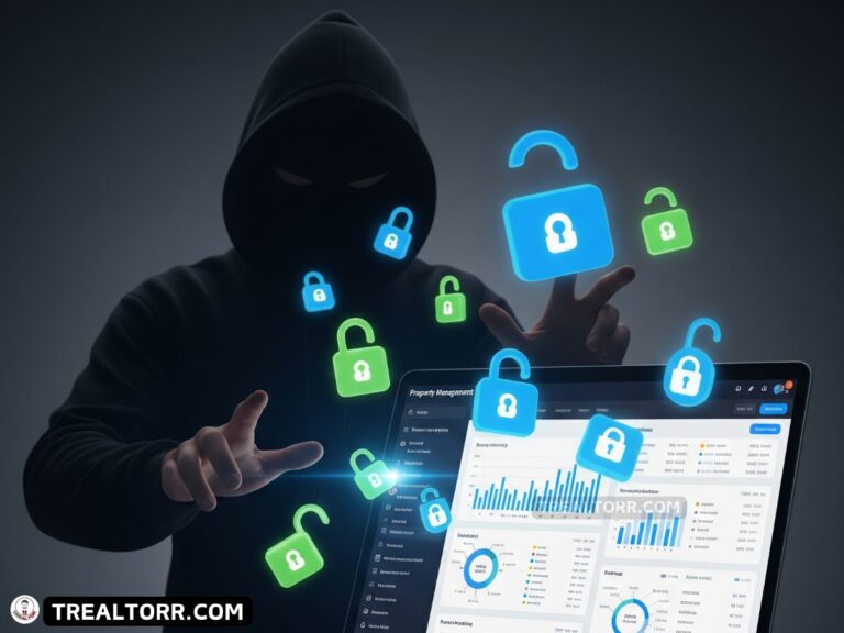 Hacker attempting to access a property management portal dashboard on a laptop with security lock icons.