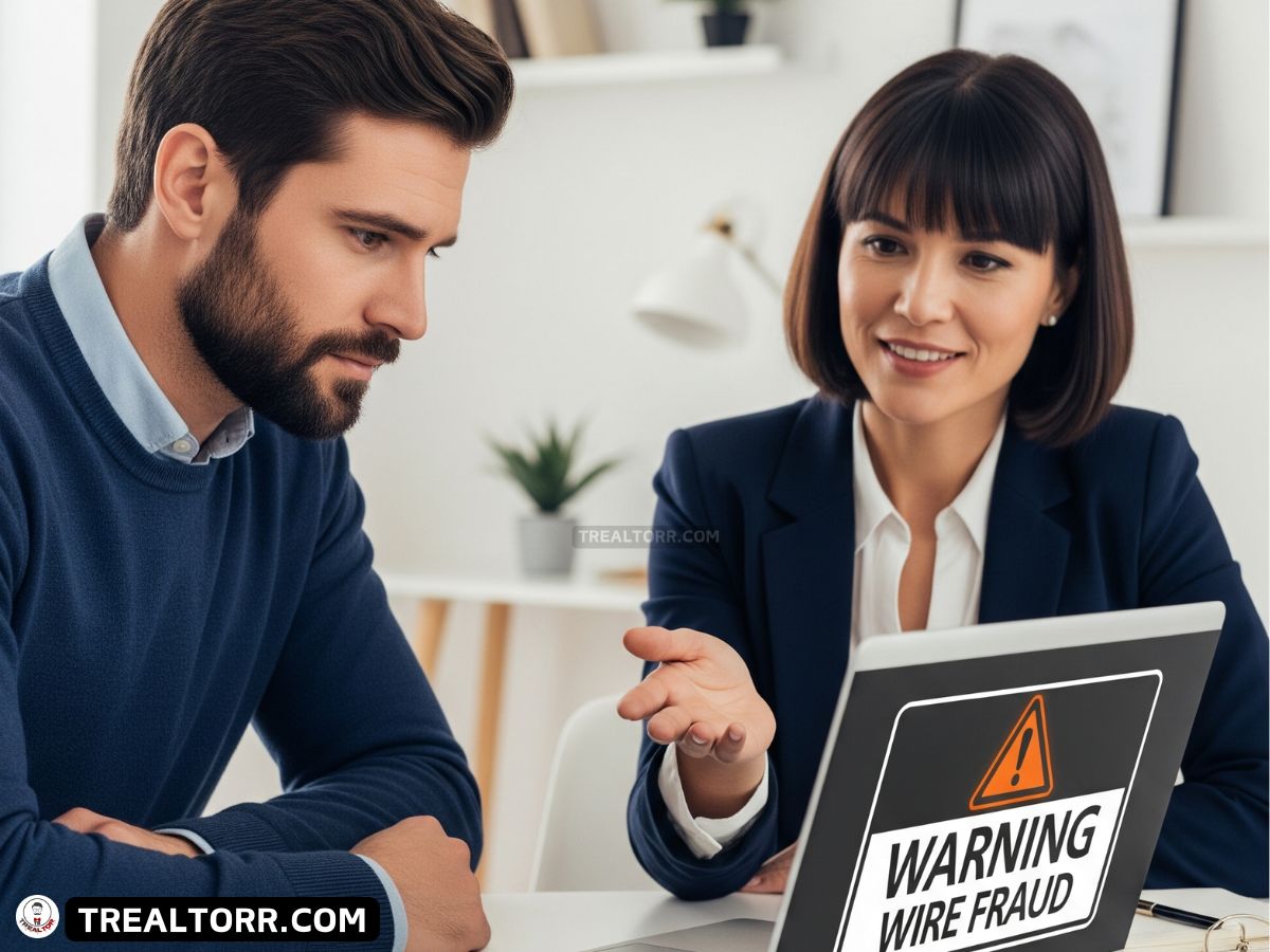 Worried homebuyer learning about wire fraud prevention during a real estate transaction with a professional advisor.