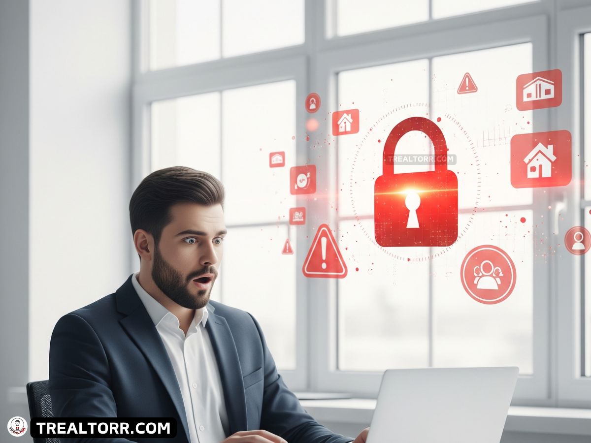 Real estate agent shocked by a cybersecurity warning on laptop screen.