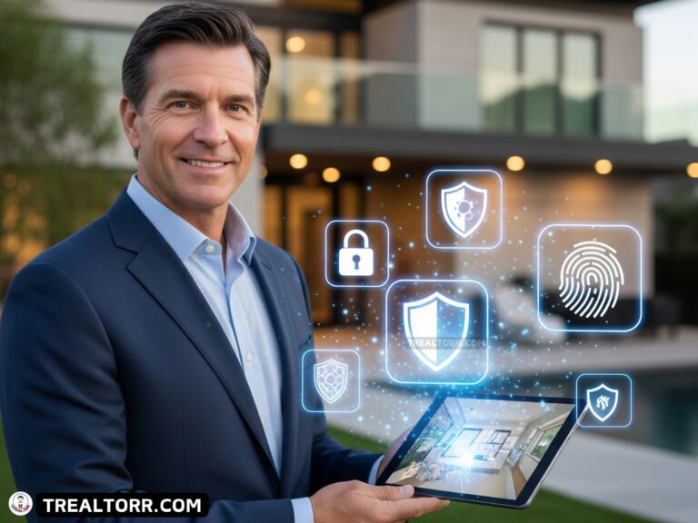 Real estate agent using tablet with cybersecurity icons representing data protection in home transactions