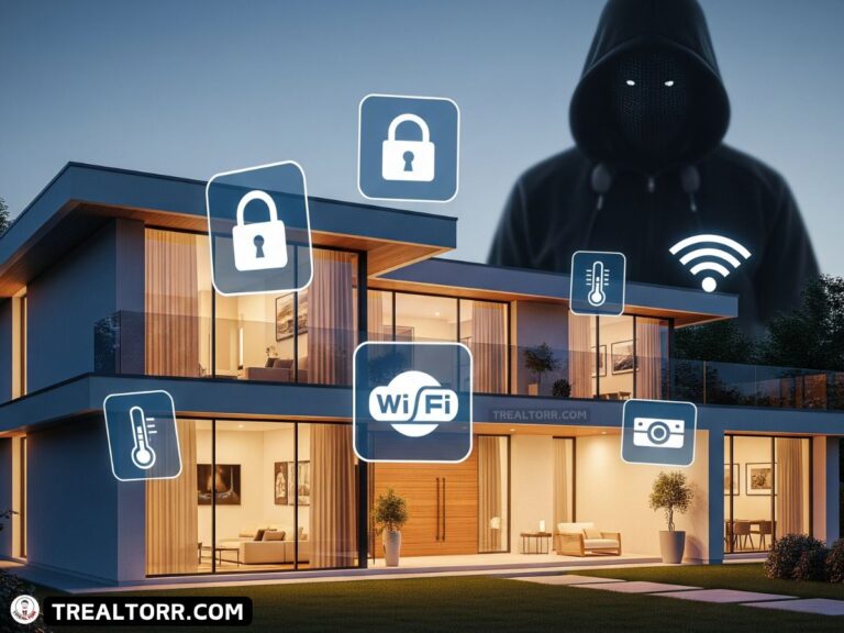 Luxury smart home with connected devices and subtle hacker threat in the background.