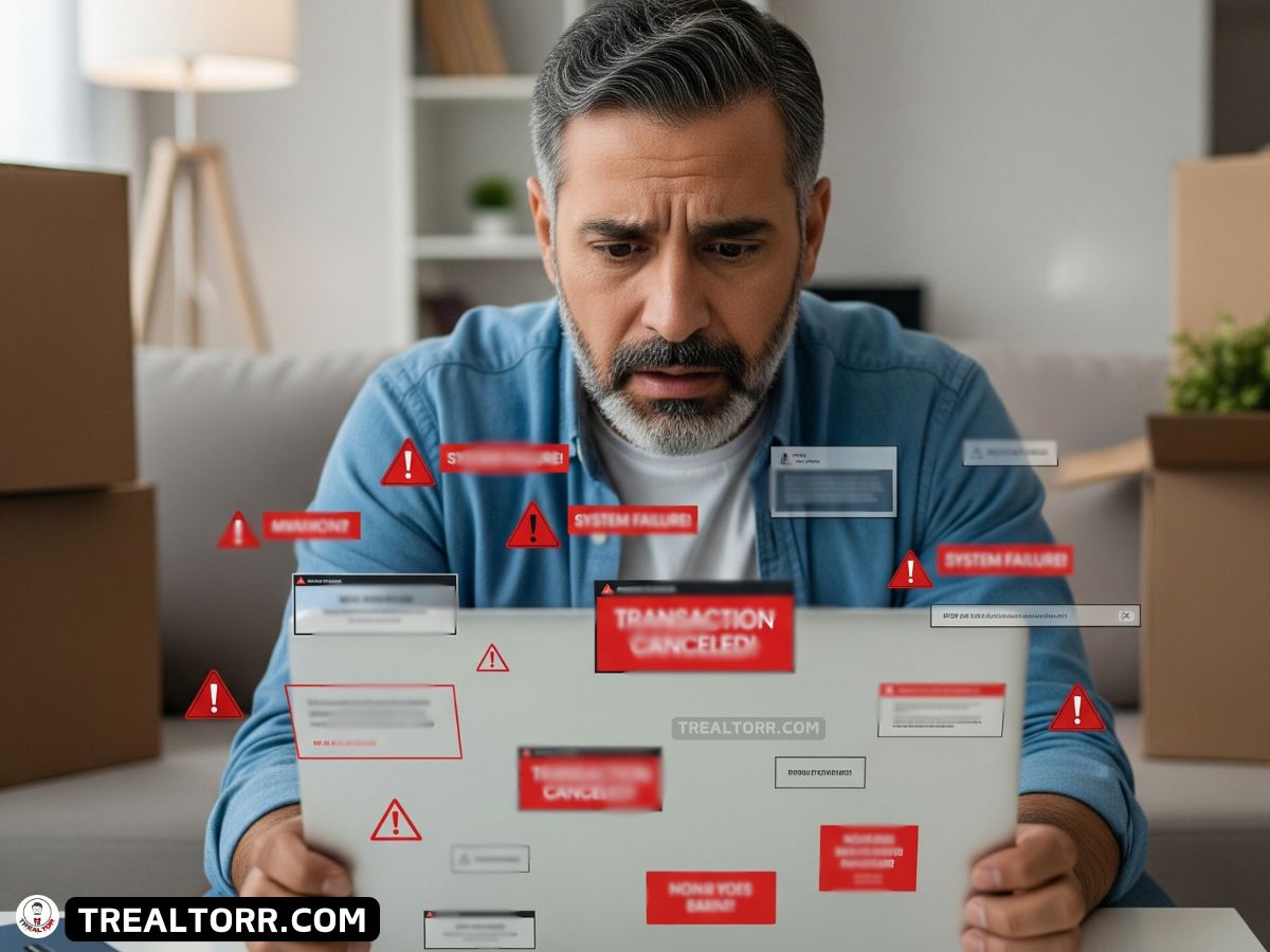 Homebuyer reviewing online real estate documents on a laptop, with warning signs indicating digital closing risks.