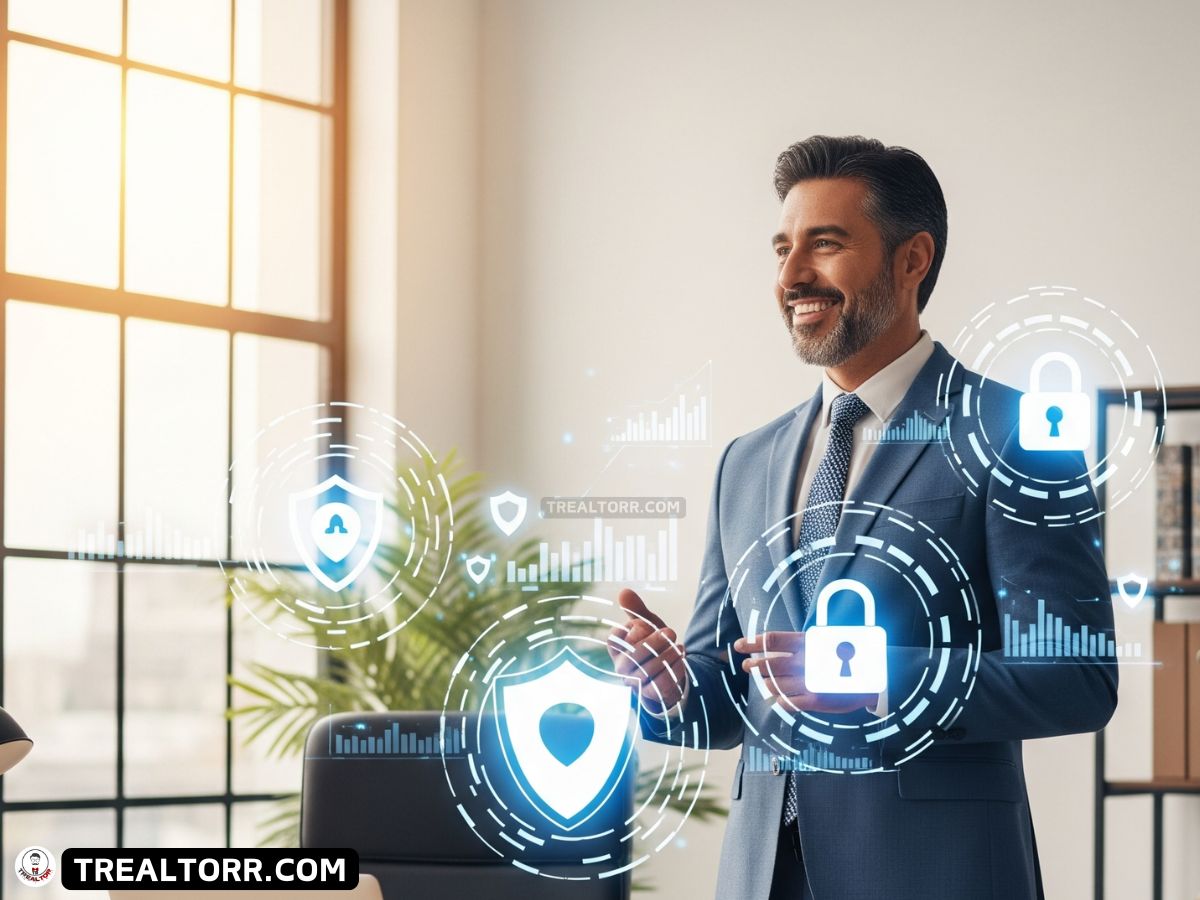 Real‑estate agent and client using a laptop with shield icons showing strong cybersecurity protection during a property deal.
