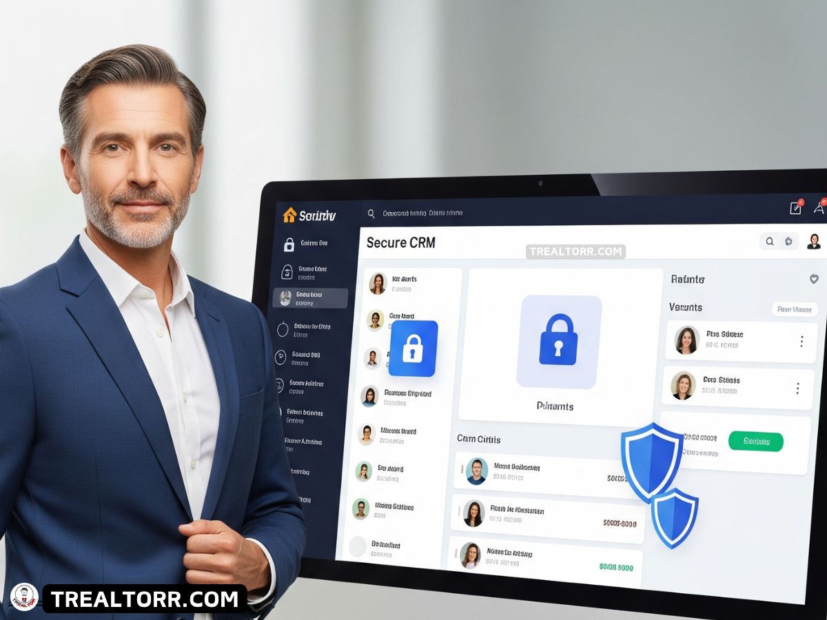 Real estate agent reviewing a secure CRM dashboard with cybersecurity features like lock icons and encryption indicators.