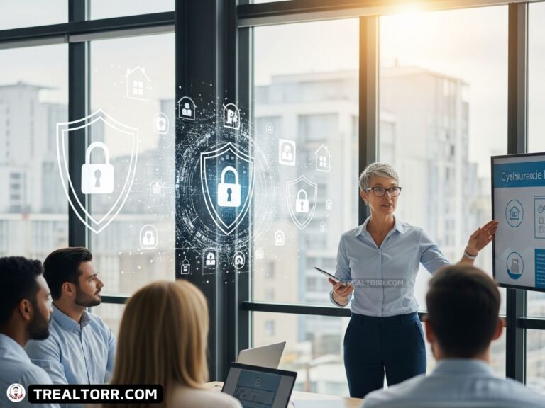 Broker teaching agents about cybersecurity with digital lock icons representing protection.