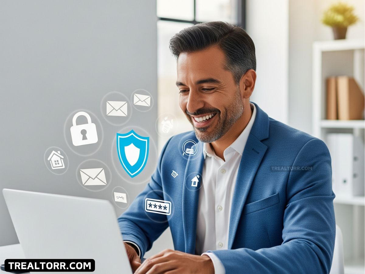 Real estate agent working on laptop with digital security icons representing cybersecurity and data protection.